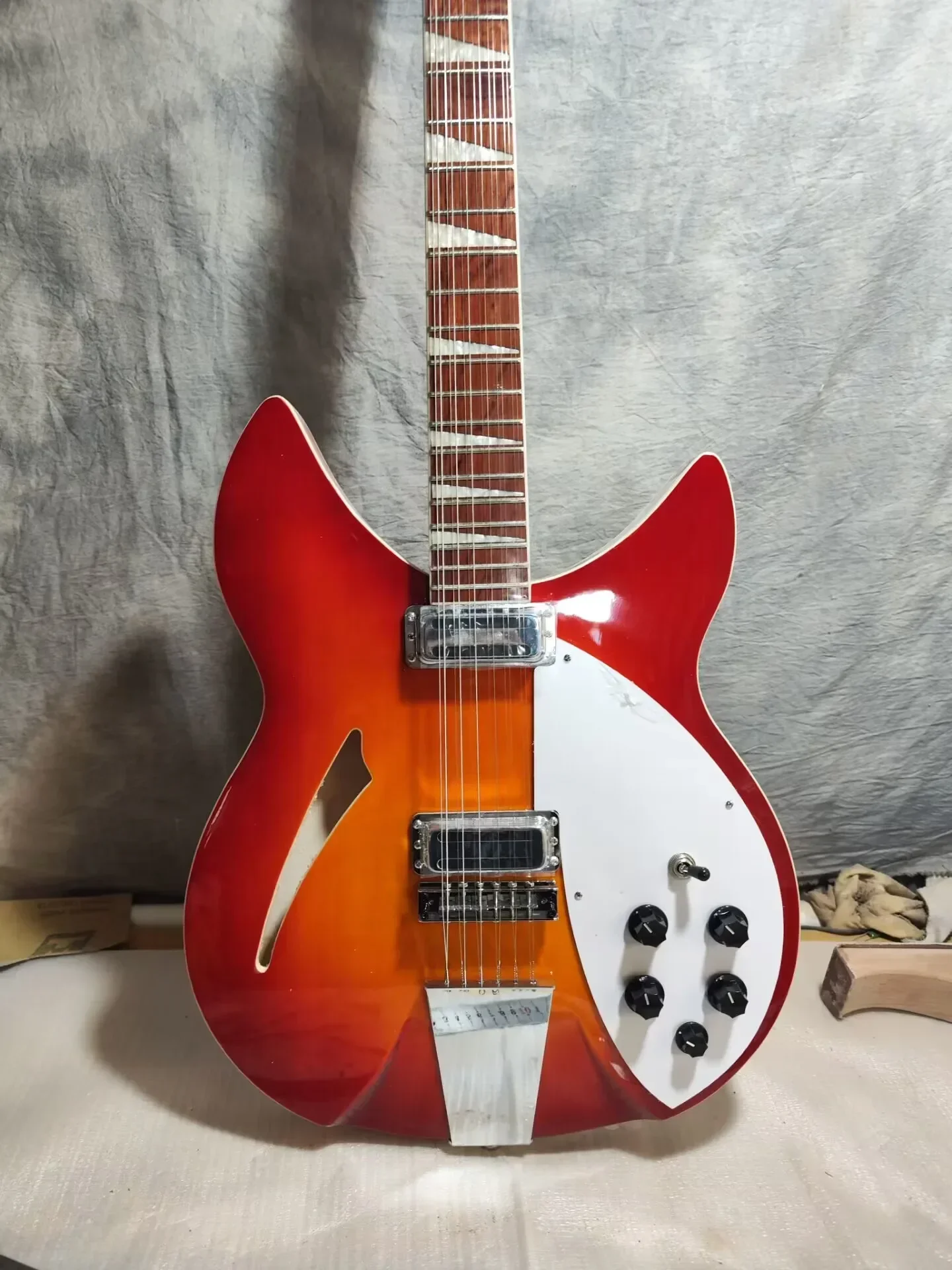 Guitarra eléctrica de cuerpo semihueco FireGlo, instrumento de encuadernación Dual con incrustaciones triangulares, 12 cuerdas, Cherry Sunburst, 330, 360