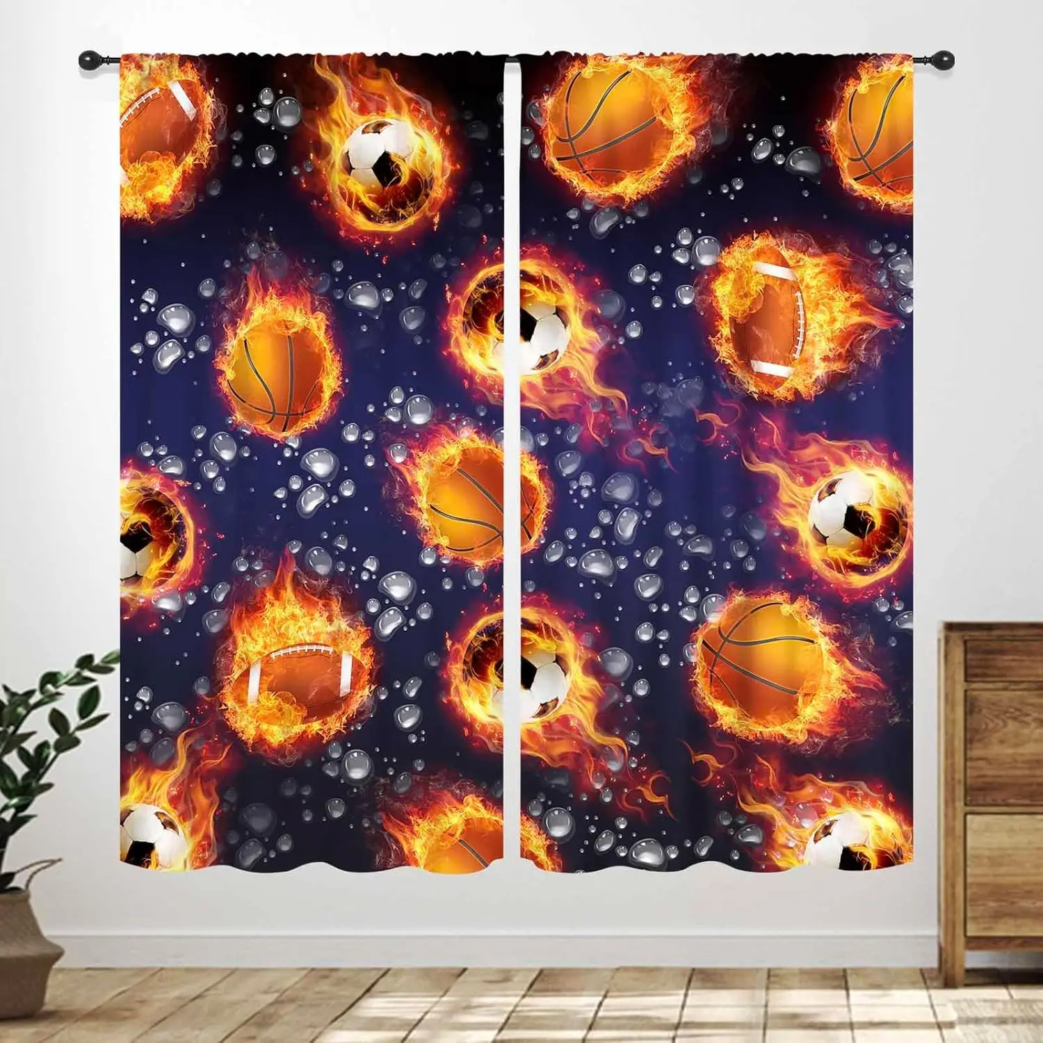 Boys Sports Kids Curtains Bedroom,3D Basketball Football Soccer Ball Burning Flames Kids Bedroom Drapes,Teen Boys Sports Theme