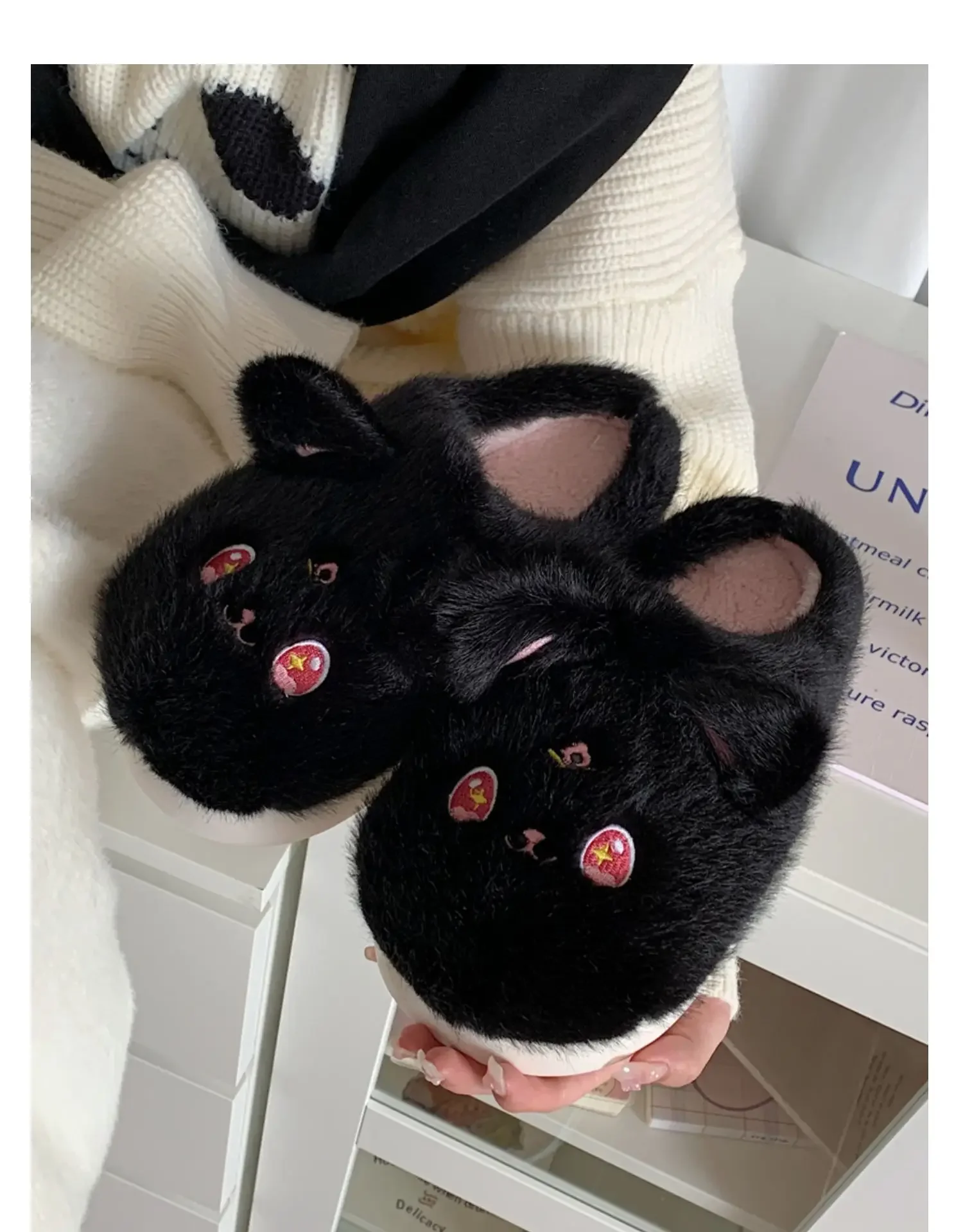 Sweet Cartoon Little Black-Cat pantofole in cotone House Slides pantofole in Memory Foam Scuff scarpe da camera da letto in peluche con fodera in pelliccia sintetica