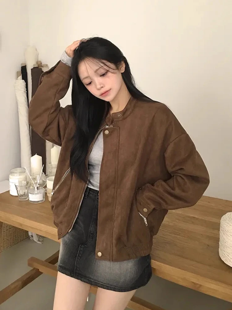 

Retro Sle Women's Long Sve Zipper Deer Skin Velvet Jaet Loose Fit Stand Collar Outerwear for Autumn Season