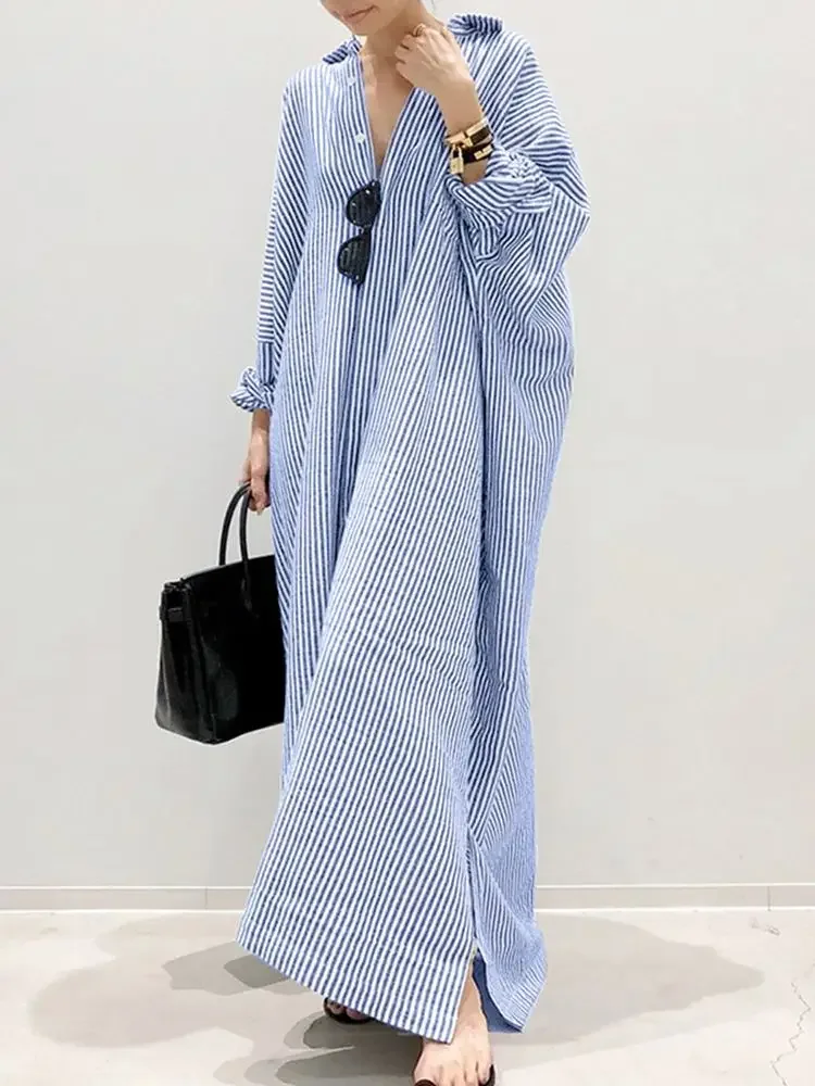 2024 Stripe Printed Beach Party Sundress Autumn Bohemian Women Long Sleeve Lapel Dress Fashion Casual Loose Vestidos