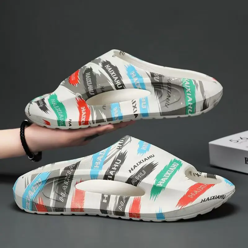 

Men's Summer Open Toe Thick Sole Print Slipper Lovers Thick Sole Non Slip Lightweight Home Slippers Outdoor Beach Sports Slipper