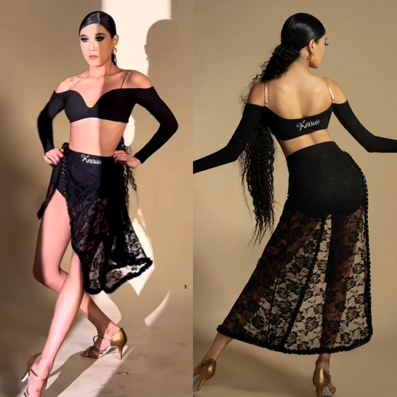 

Fashion Latin Dance Clothes Long Sleeved Short Top Lace Skirts Women Samba Rumba Latin Dance Costume Performance Wear SL9517