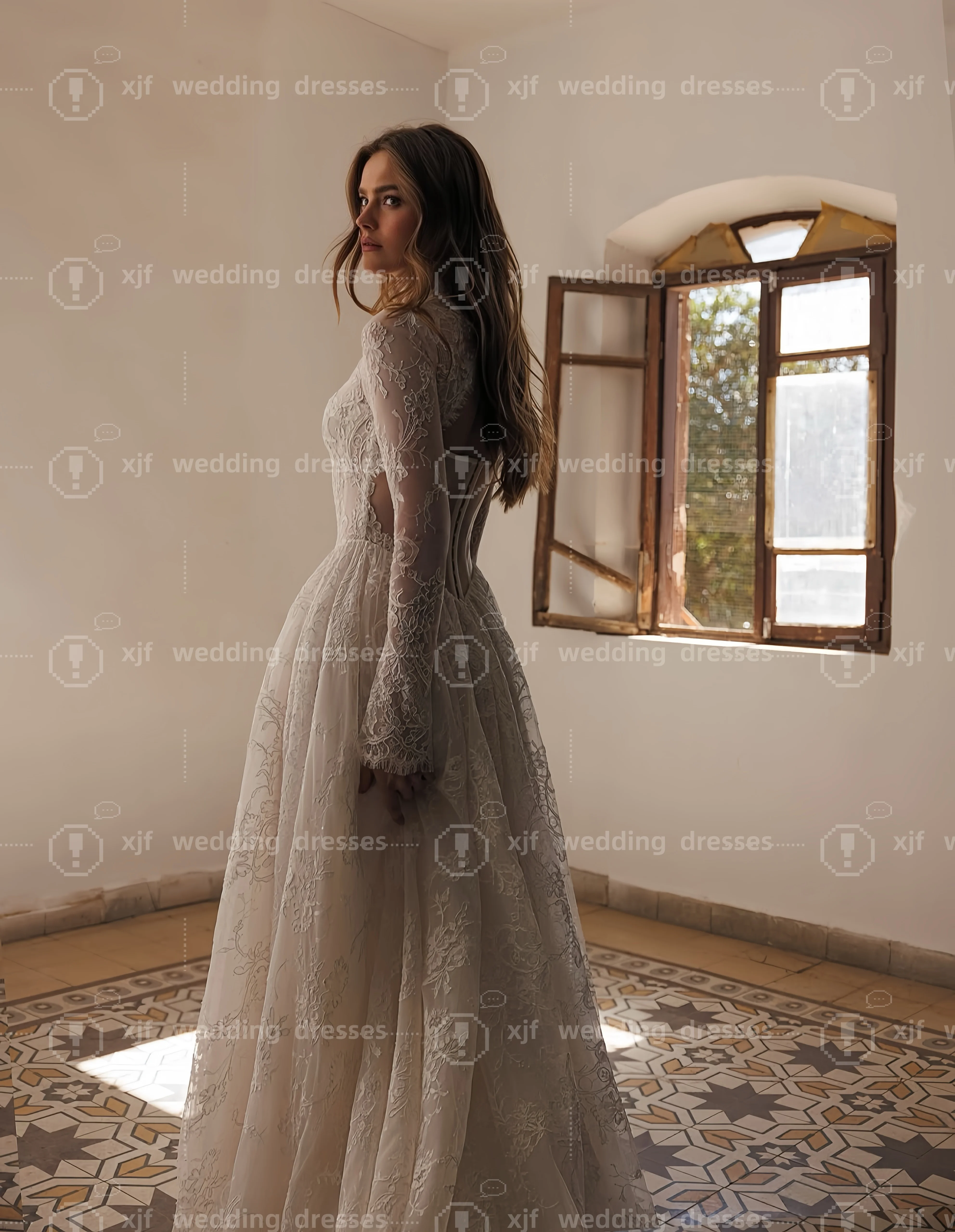 Customized High-Neck Long-Sleeved A-Line Lace Elegant Wedding Dress Vestidos De Novia Amanda Novias Amanda Novias Official