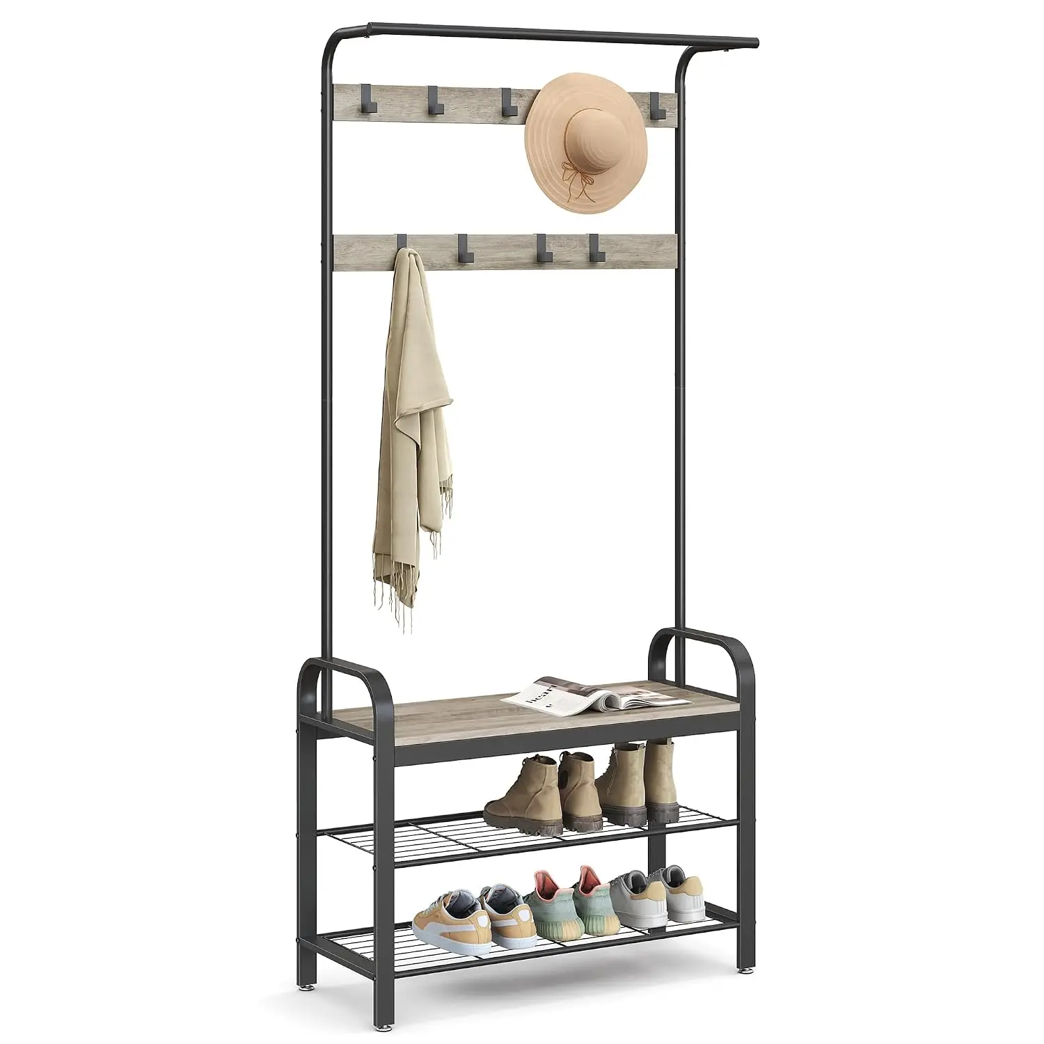 Coat Rack, Hall Tree with Shoe Bench, 4-in-1, 9 Removable Hooks, Customized