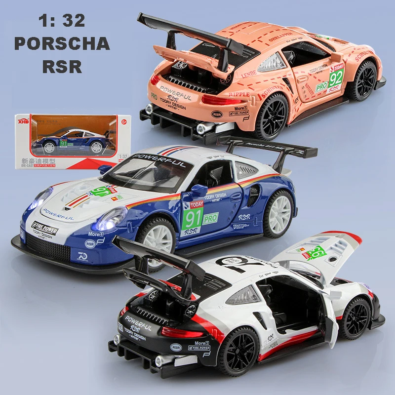 1: 32 Porscha RSR Alloy Car Model High Simulation Diecasts Toy With Sound and Light Pull Back Vehicles Decoration Toys For Kids