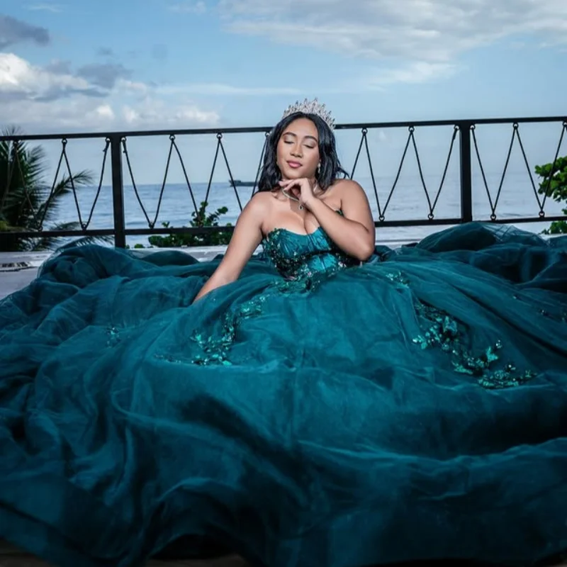 

Customized blackish green Quinceanera Dresses Off the Shoulder Tull sequin applique 3D flower Lace Vestido De 15 Quinceanera