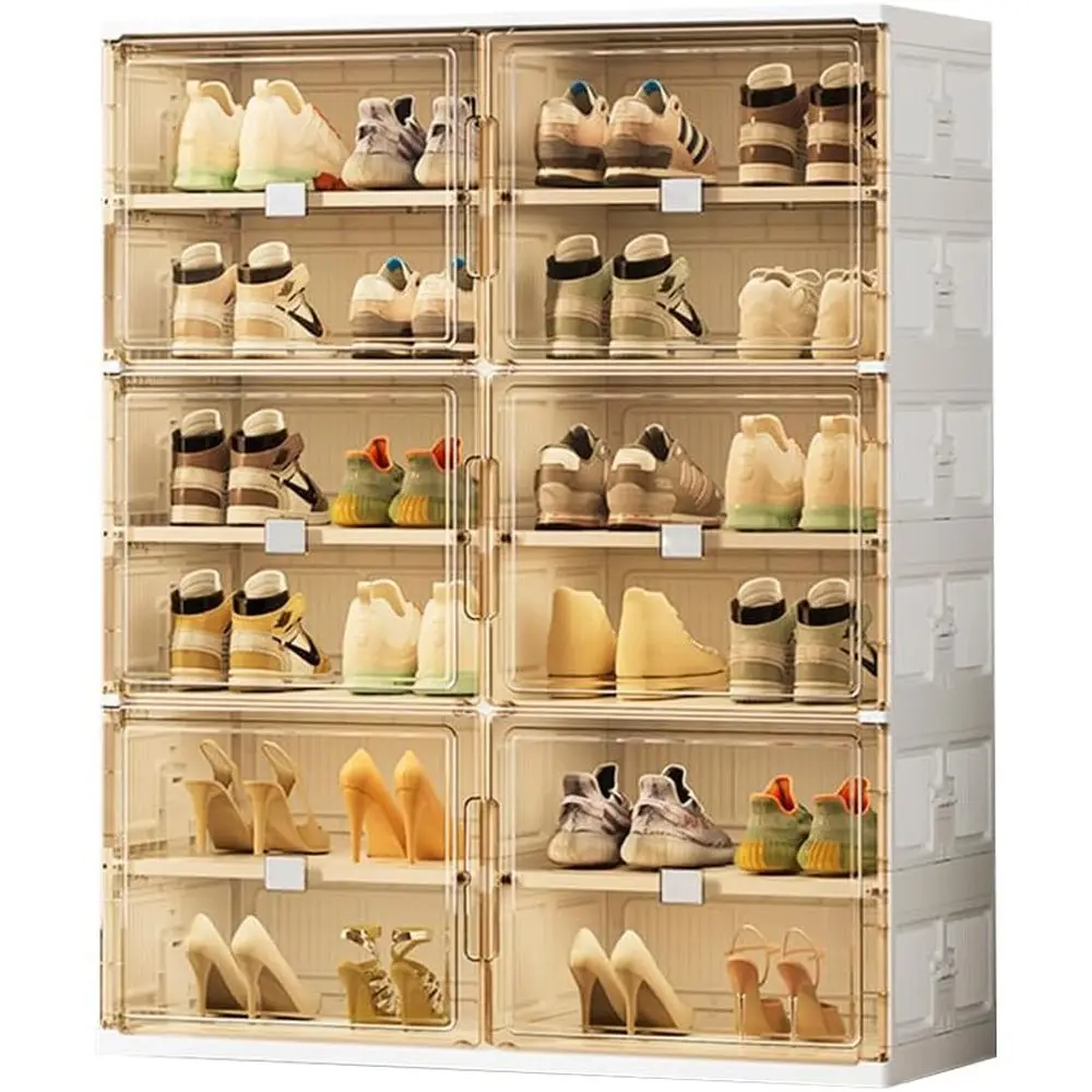 

2-Row 6-Tier Clear Magnetic Door Shoe Cabinet for 24 Pairs, Plastic Organizer for Sneakers, Sandals, Heels