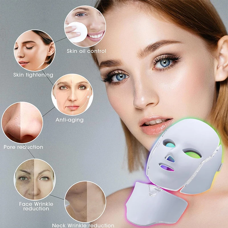 7 color Led Mask Treatment Facial Skin Care Blue and Red Maintenance Beauty Mask Multi-functional neck home mask