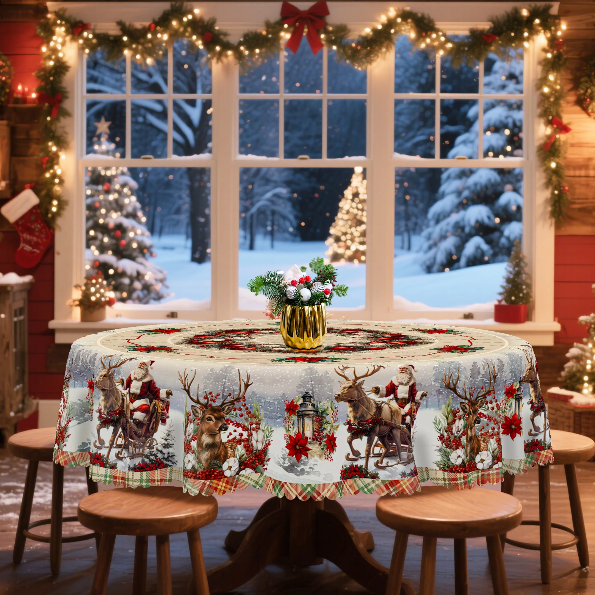 

Gnizama Christmas Decoration Santa Claus Elk Theme Rectangular Round Tablecloth - Christmas Party Indoor Restaurant Decoration,