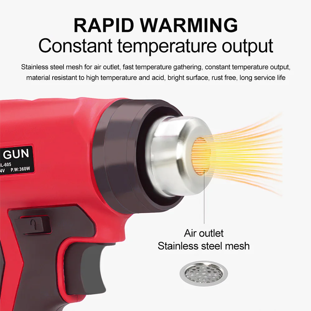 360W Cordless Heat Gun Portable 400℃ Hot Air Gun with 4 Nozzle Fit for Milwaukee 18V Battery (No Battery)