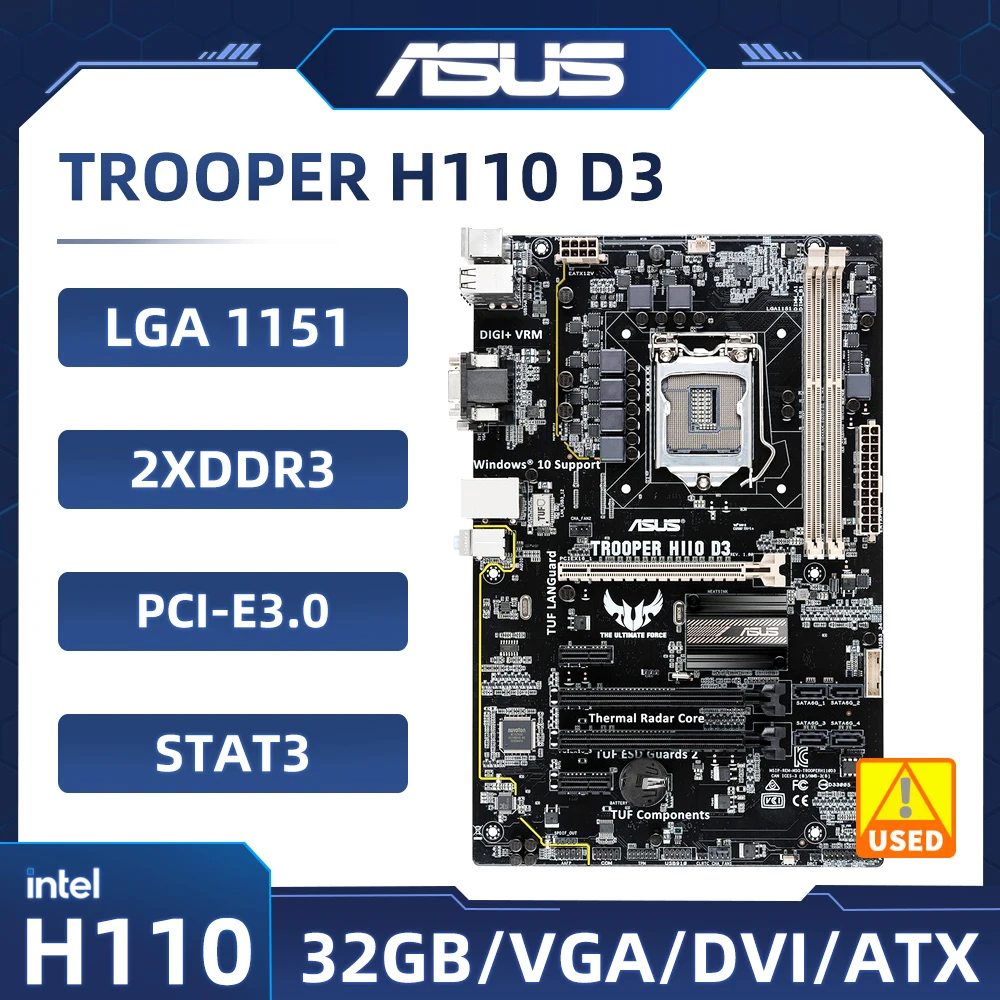 

Материнская плата Asus TROOPER H110 D3 LGA 1151 Intel H110 с поддержкой Core i3-6100 6500 7400 6400 7700 G4500 Процессор DDR3 32 ГБ PCI-E 3.0 ATX