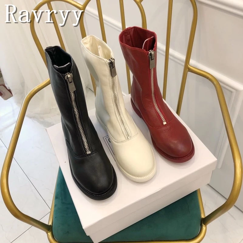 New Front Zippers Boots for Women Round Toe Thick Heels Leather Ankle Boots Solid Color Female Luxury Brand Footwear