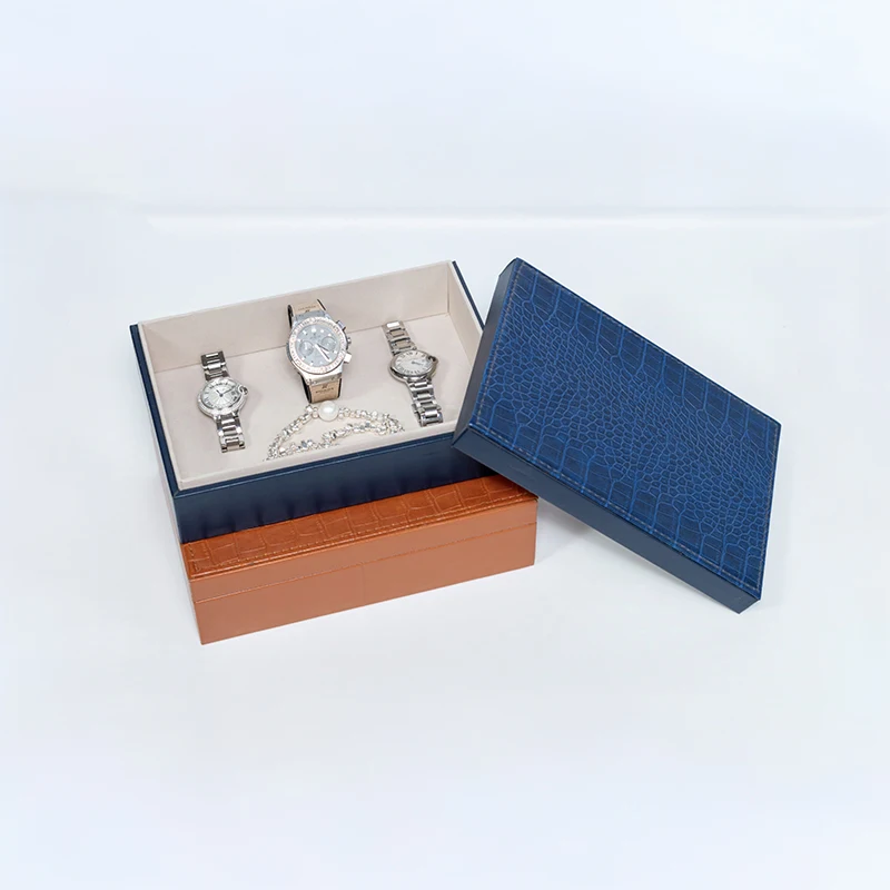 Faux Leather Makeup Box with Exposed Stitching, Decorative MDF Box, Modern Jewelry Box, Imitation Crocodile Skin, Brown and Blue