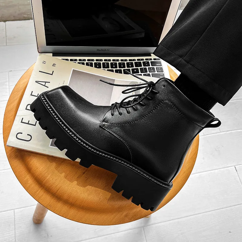England style men fashion punk rock dress platform boots lace-up original leather shoes cowboy ankle boot square toe chunky bota