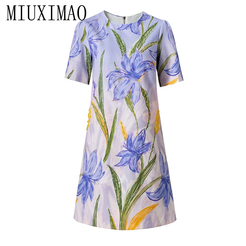 

MIUXIMAO 2026 Royal Luxury Spring Summer Dress Colourful Flower Print A-Line Mini Short Diamonds Dress Women's Vestido Fashion