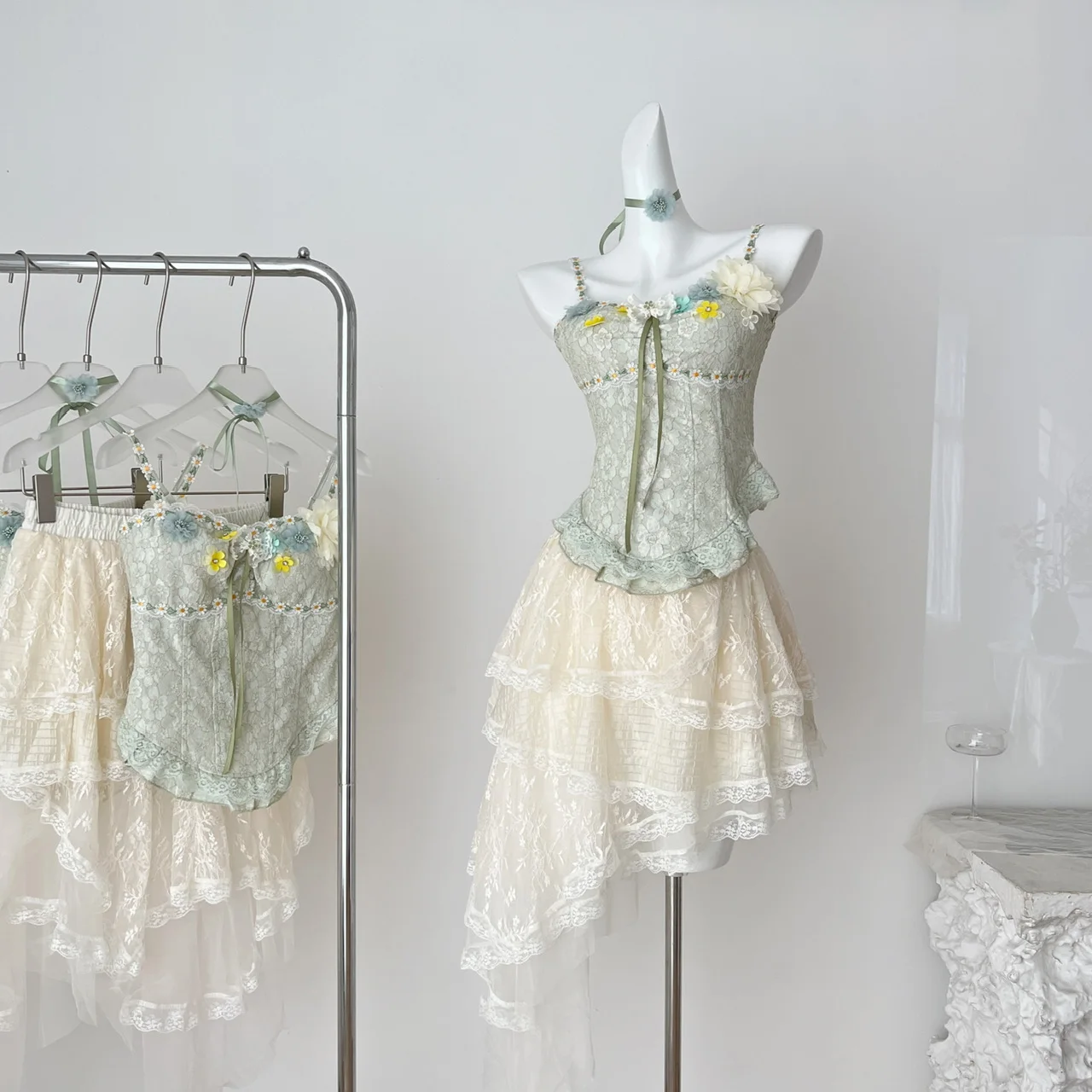 

Summer Women 2000s Cute Core Birthday Kpop Shoujo Girl Gyaru Coquette Outfits 2 Piece Set Camisole + Asymmetrical Midi Skirt