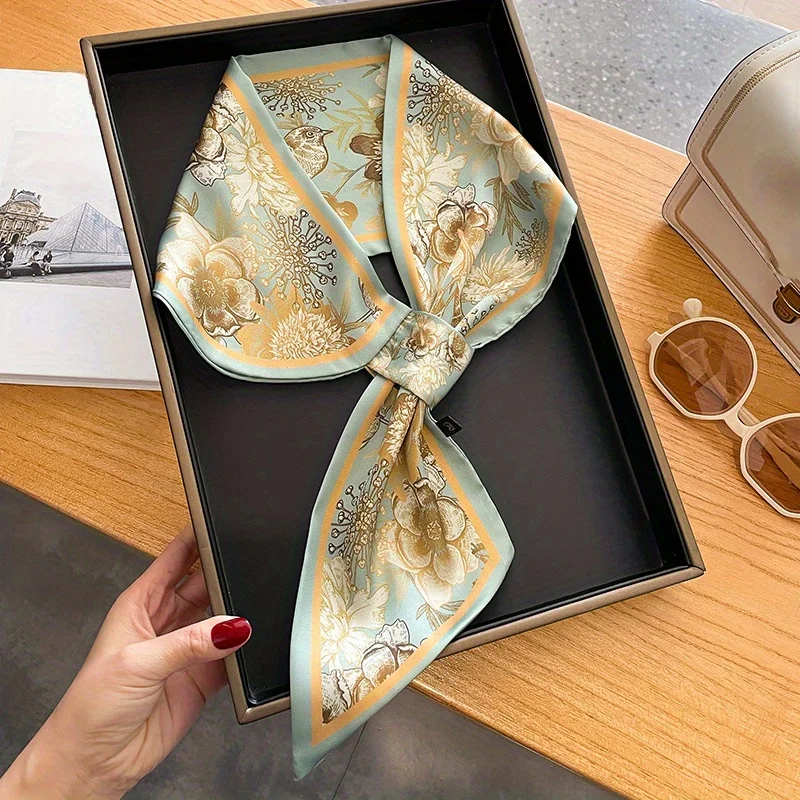 Elegant Flower Print Cross Tie Scarf Thin Slender Decorative Neck Scarf Women's Professional Matching Shirt Small Scarf