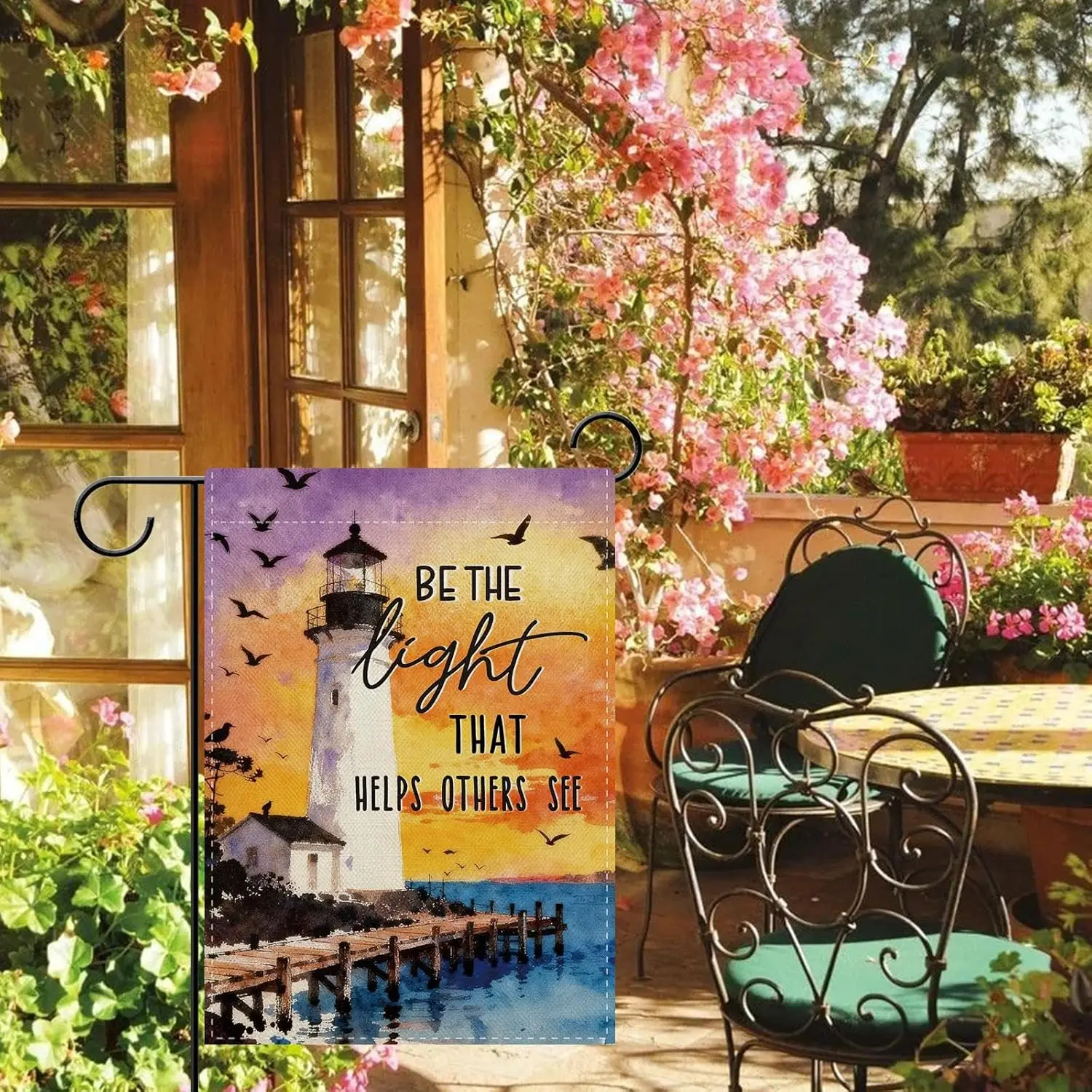 Dyrenson Beach Lighthouse Decorative Garden Flag, Watercolor Coastal Inspirational Quote Be The Light Yard Outside Home Deco PPM