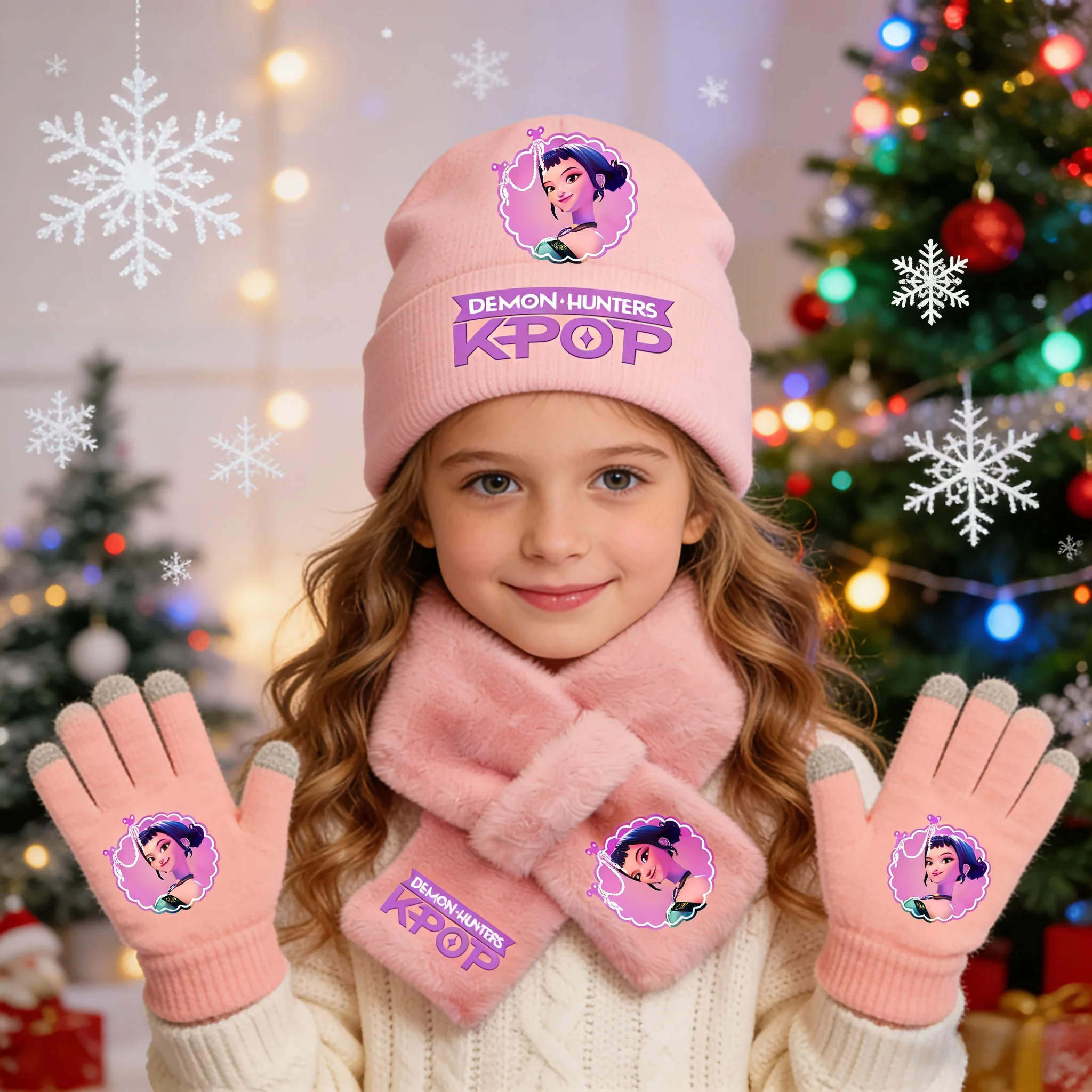 Kpop Demon Hunters 3Pcs Warm Soft Kids Girl Knit Hat Scarf Glove Set Winter Fashion Casual Accessories Perfect Christmas Gift