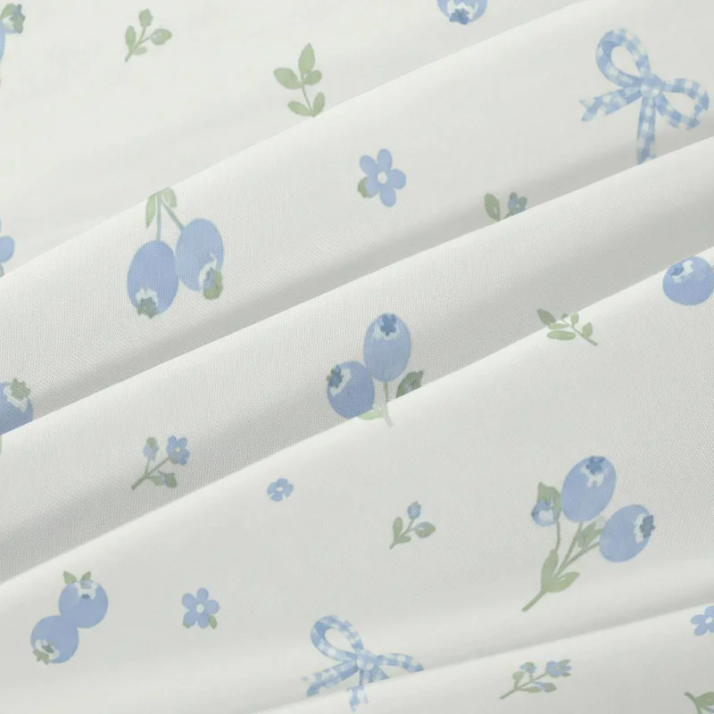 3Pcs Bluefloralbowpattern Fitted Sheet Three Piece Set (1*Fitted Sheet + 2*Pillowcases, Coreless), Bedding Set