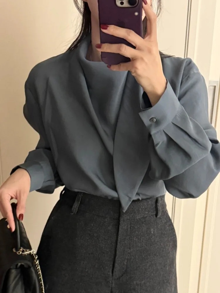 

Chic Early Spring Faionable f High Collar Long Sve Women's irt Pure Color Base Layer Trendy Gown with Sa Detail