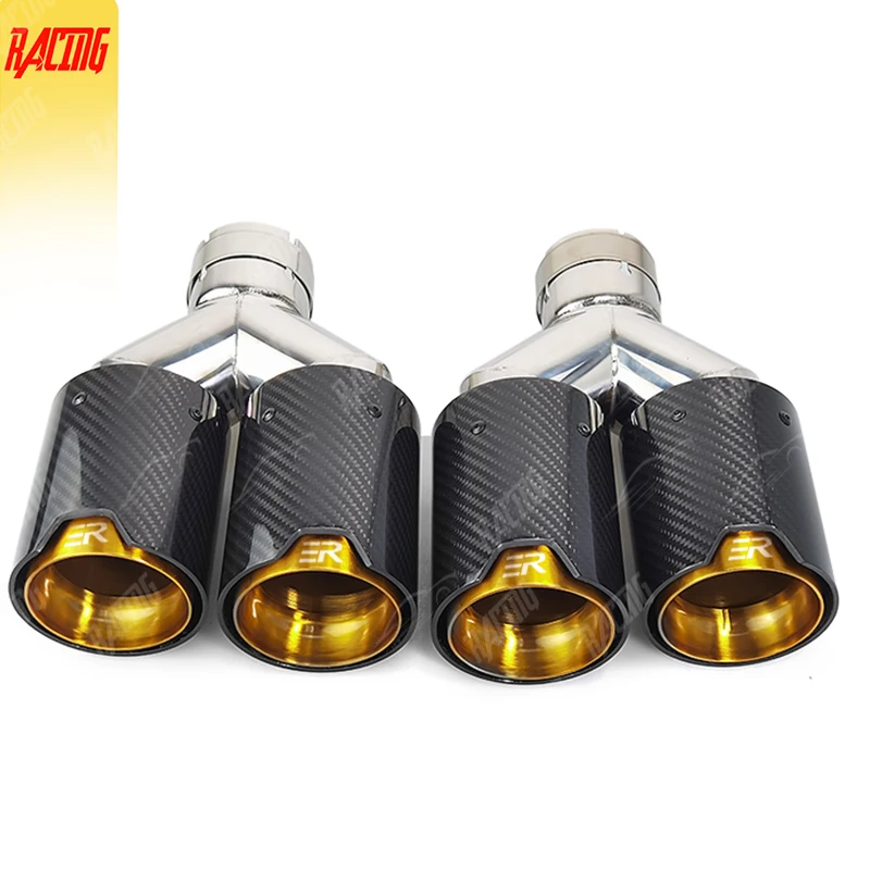 Car Carbon Fiber Glossy Muffler Tip Y Shape Double Exit Exhaust Pipe Nozzle Decoration Universal Stainless Black for BMW