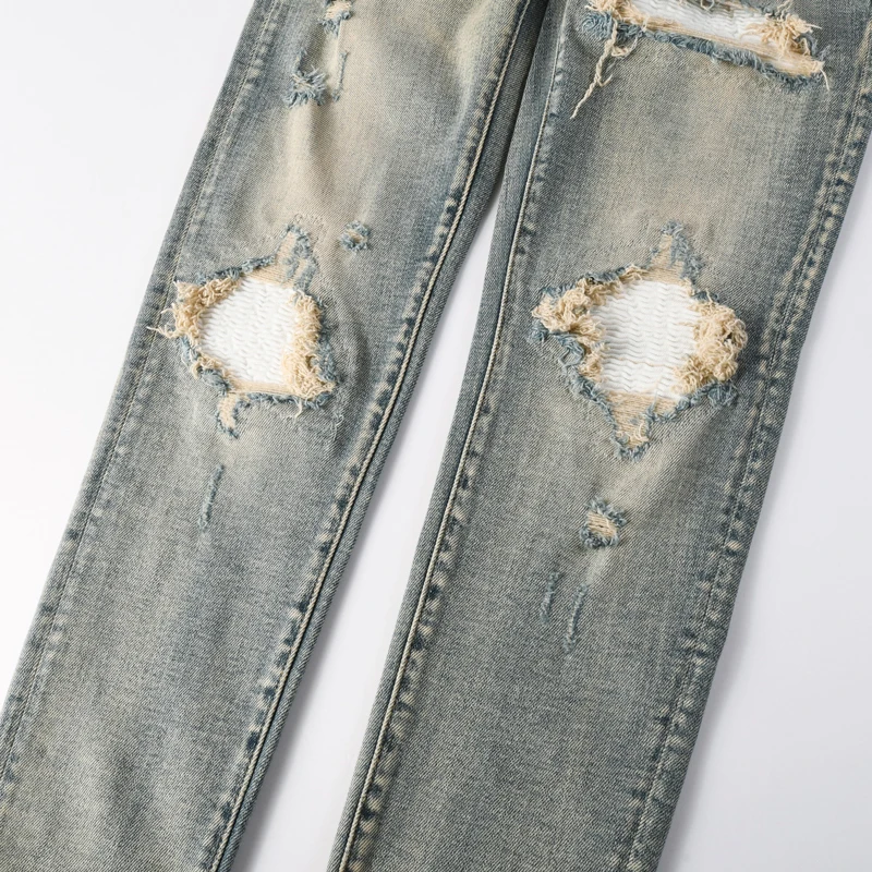 

Fashionable new men's jeans with perforated patches, retro light blue elastic slim fit corrugated jeans, men's designer retro br