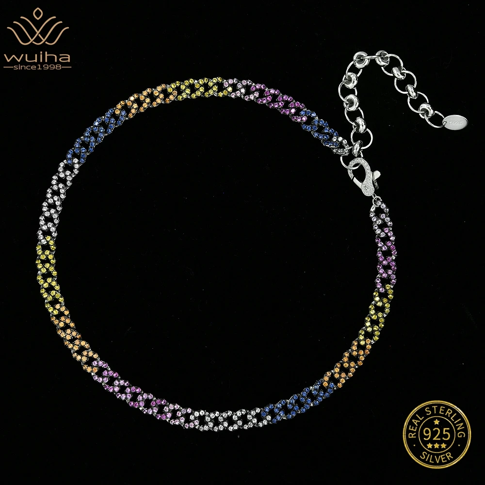 

WUIHA Real 925 Sterling Silver 3EX VVS1 Multicolor Synthetic Moissanite Gemstone Cuba Chain Necklace for Women Men Drop Shipping