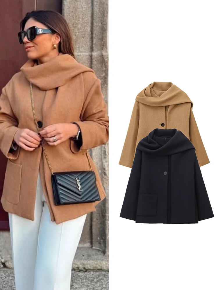 

Новинка 2023 года, пальто с шарфом и воротником для женщин, свободная элегантная женская осенне-зимняя куртка для поездок на работу, модные женские пальто с карманами для отдыха