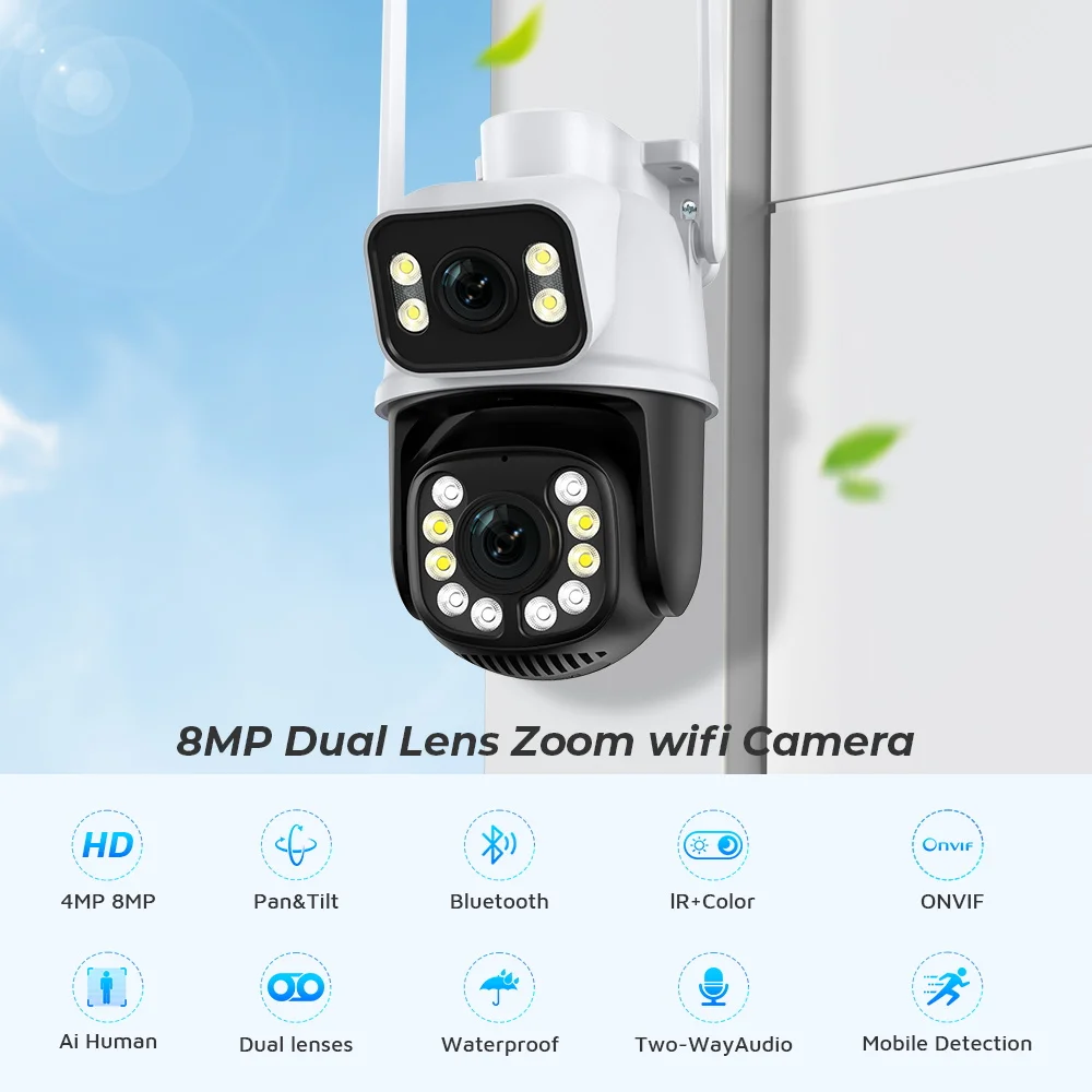 ZRHUNTER 8MP 4K IP Camera Dual Screen CCTV AI Human Detection Night Vision Outdoor WIFI Video Surveillance PTZ Camera ICSEE APP