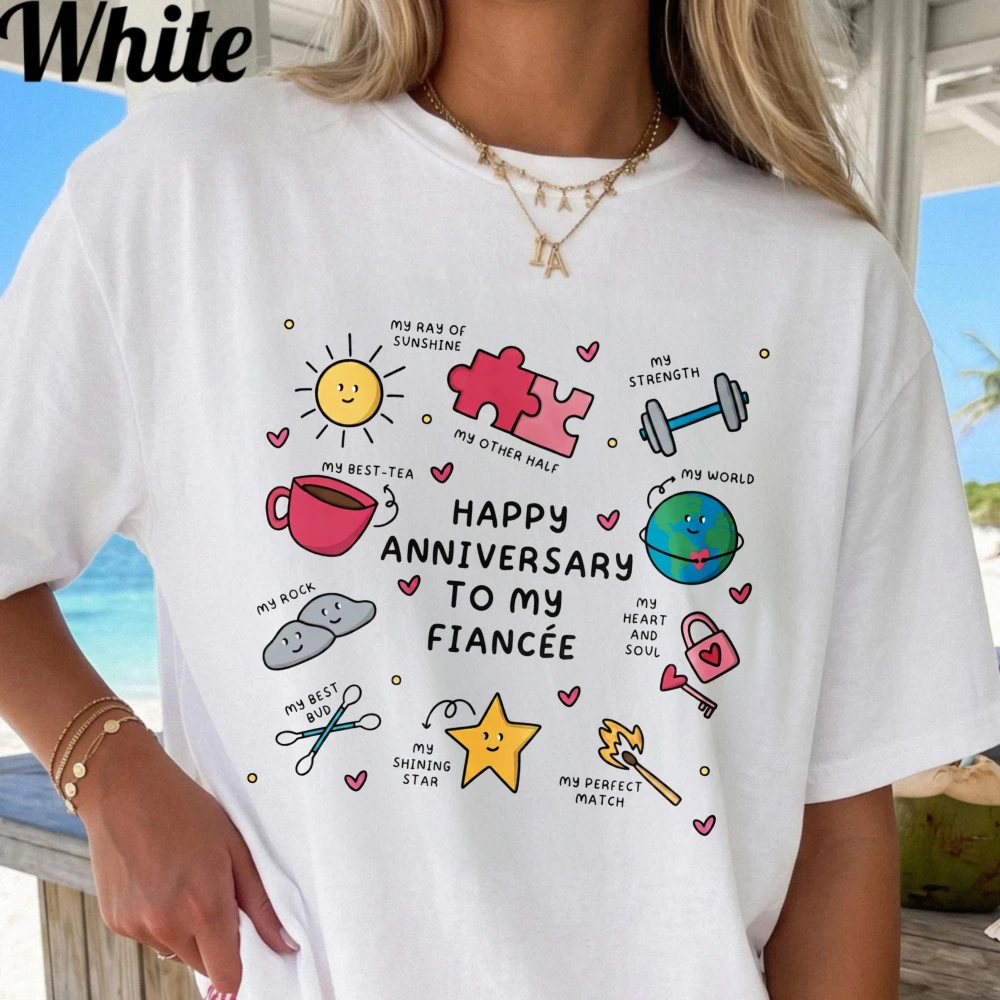 Fiancée Anniversary Unisex Tee Cute Doodle Love Motif Streetwear Cotton Top Couple Milestone Celebration Romantic Date Sweet Tee