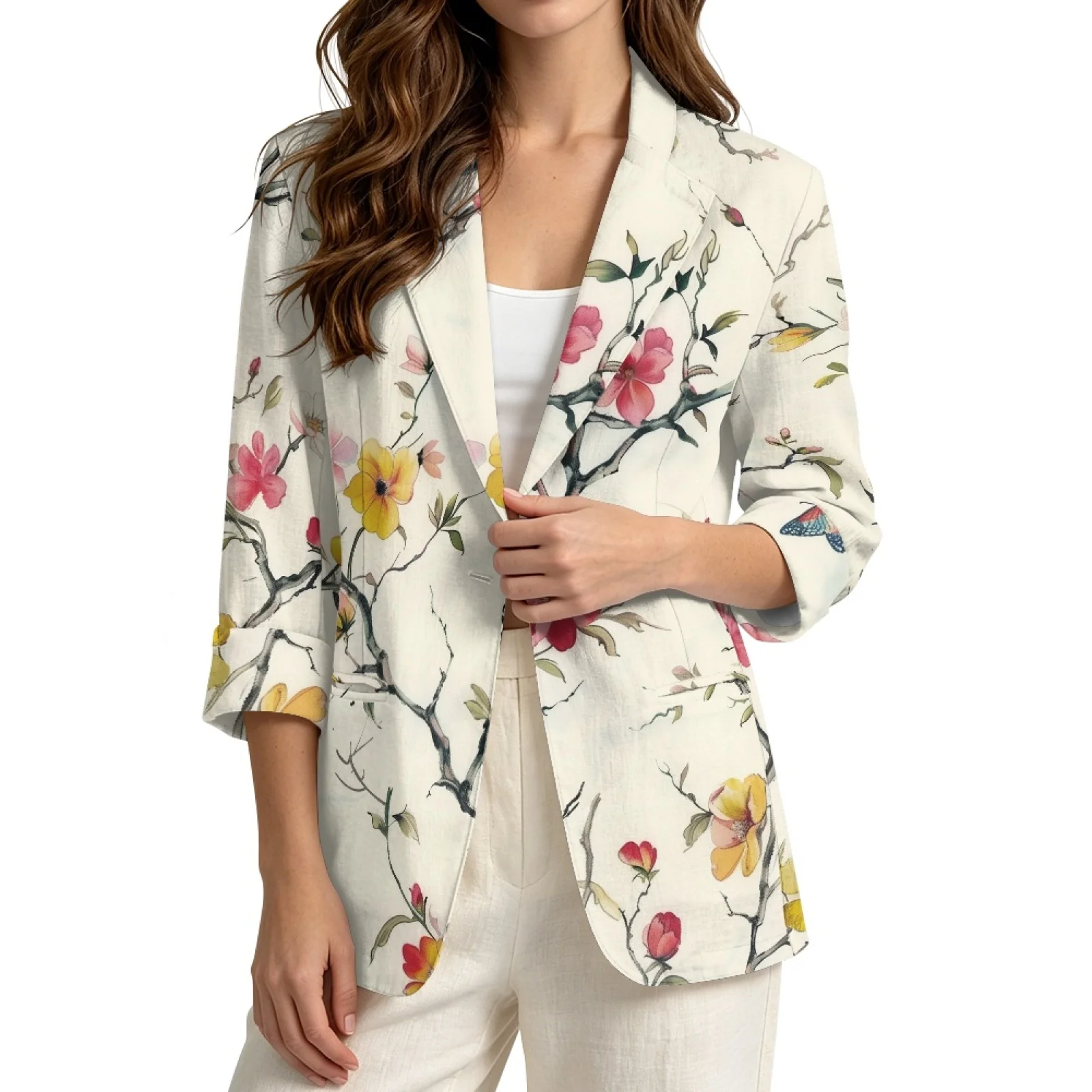 PENSTROLL Floral Butterfly Linen Like Thin Coat Beach Cover Up for Womens 3/4 Sleeve Open Front Top