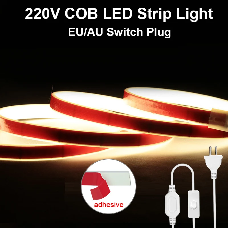 

Светодиодная лента COB 220В, 288 светодиодов/м, с клейкой лентой, с вилкой-переключателем EU/AU, неоновая светодиодная лампа, водонепроницаемая, для наружного освещения