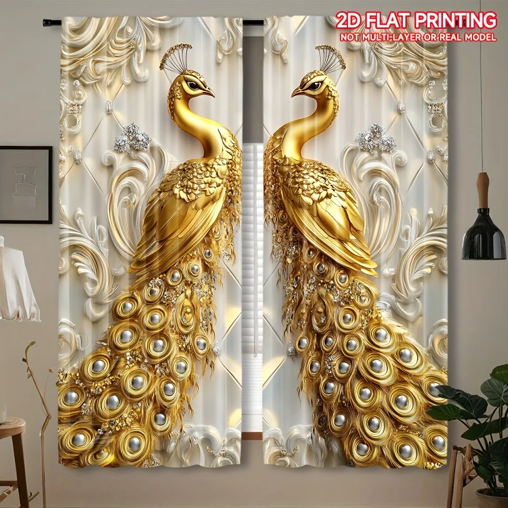 Golden PeaRooster Rod Pocket Window Curtains - Luxury Pattern Room Decor for Bedroom Living Room Set of 2 Panels