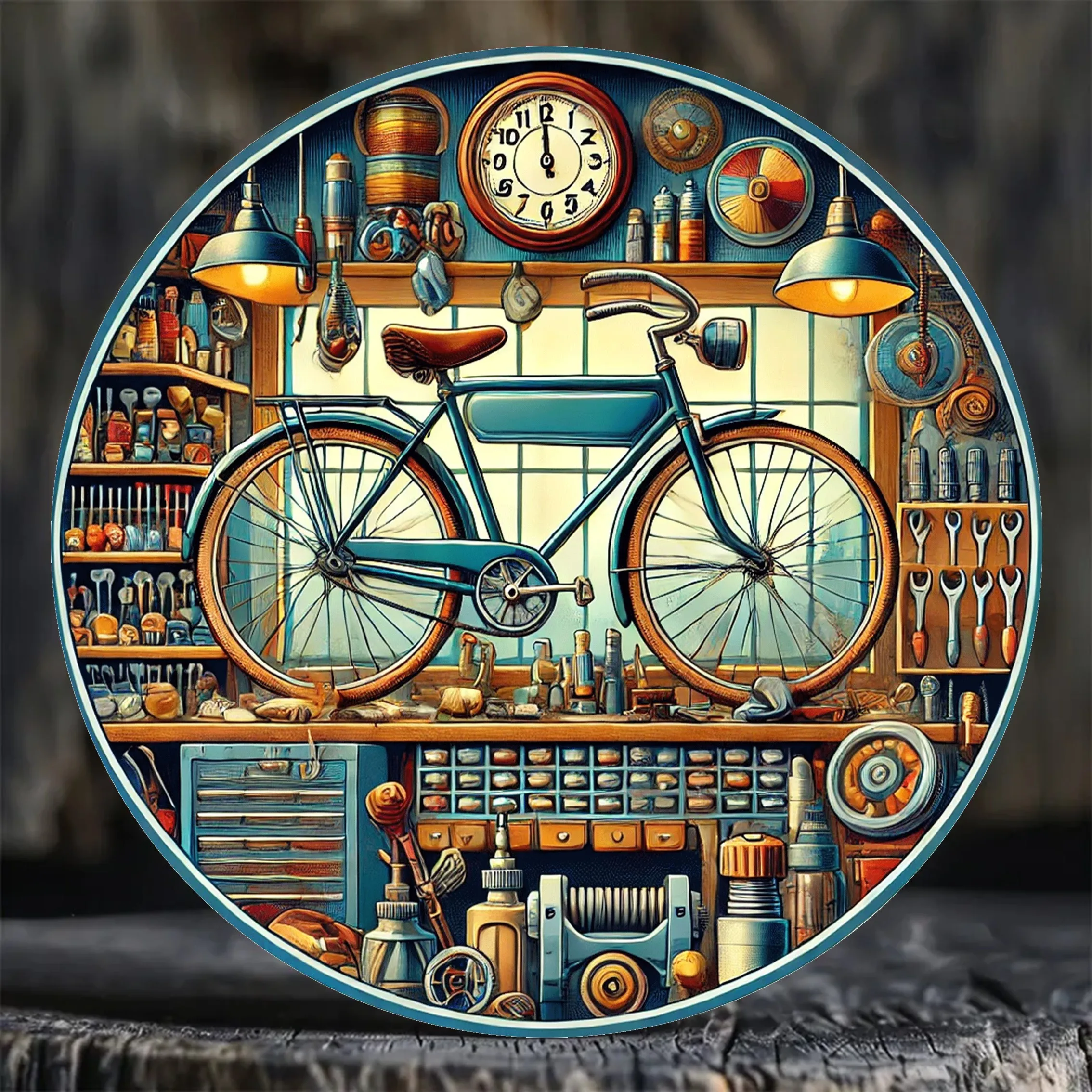 1 Stück kreisförmiges Holzschild – Vintage-Garagendekoration mit Fahrrädern und Werkzeugen, Innen-/Außenwandkunst