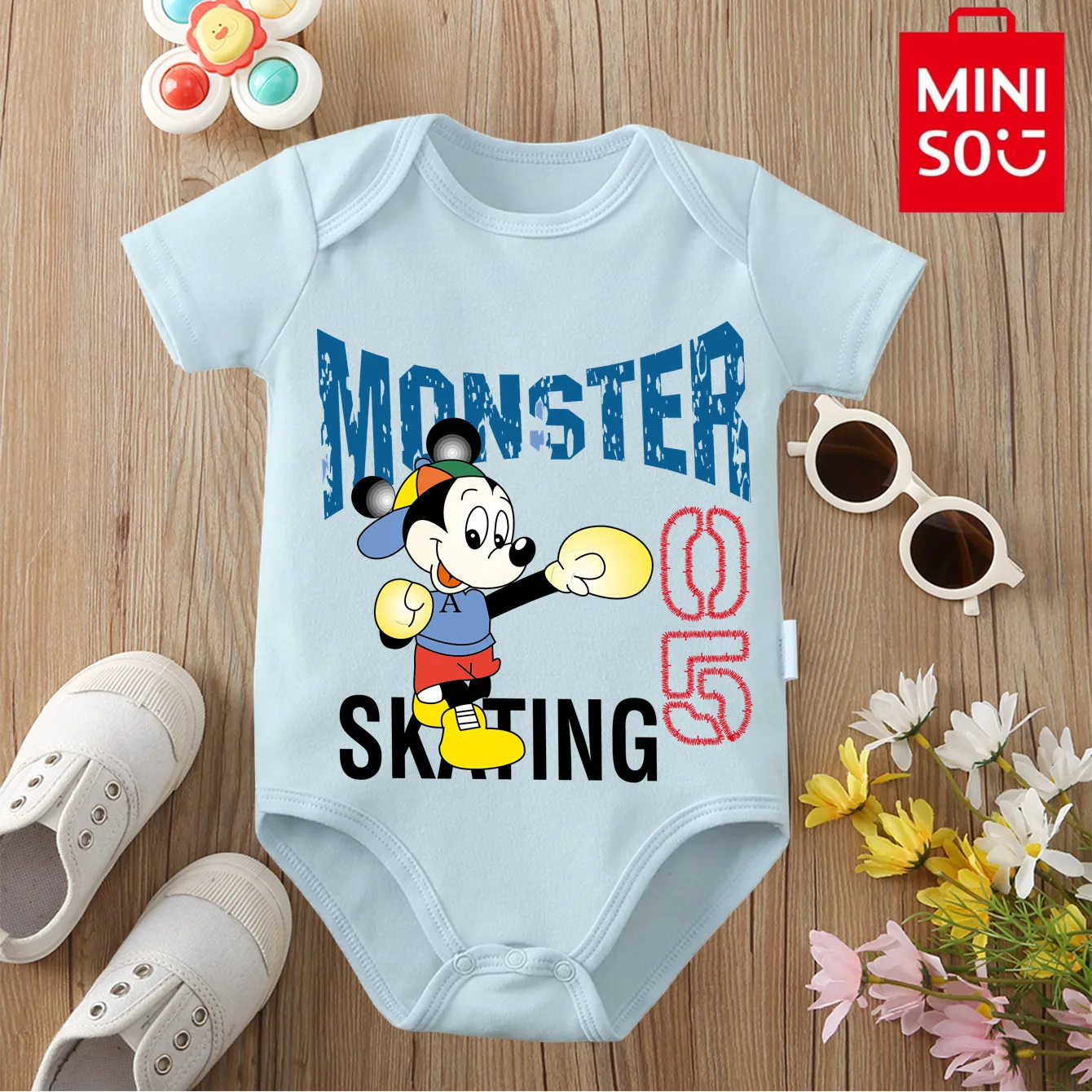 

MINISO Микки Маус, милый боксерский комбинезон из чистого хлопка с принтом, детские мягкие тканевые комбинезоны для новорожденных от 0 до 12 месяцев