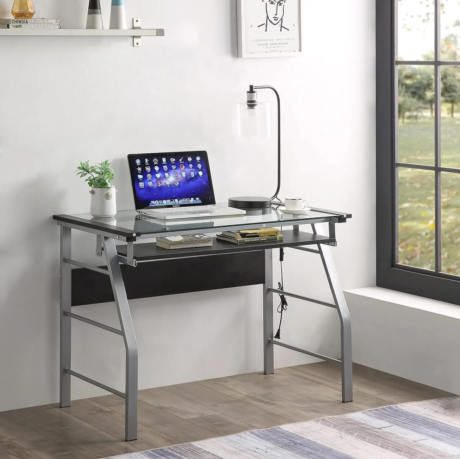 

Modern Metal & Glass Top Desk Silver Finish Home Office Computer Table Space-Saving Workstation Sturdy Construction