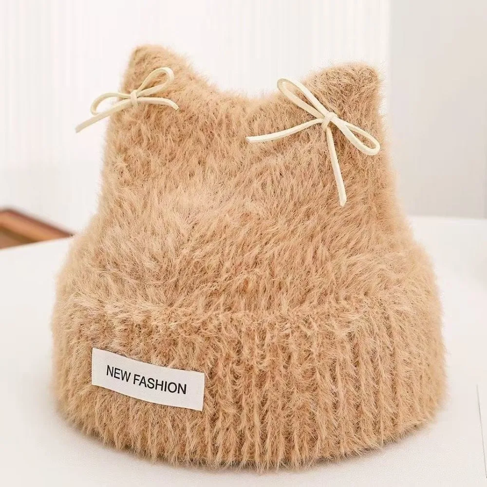 Easy Wear Knitted Hat Soft Touch Warm Thick Cap Horn Shape Stretchy Knitted Beanie Cold Weather