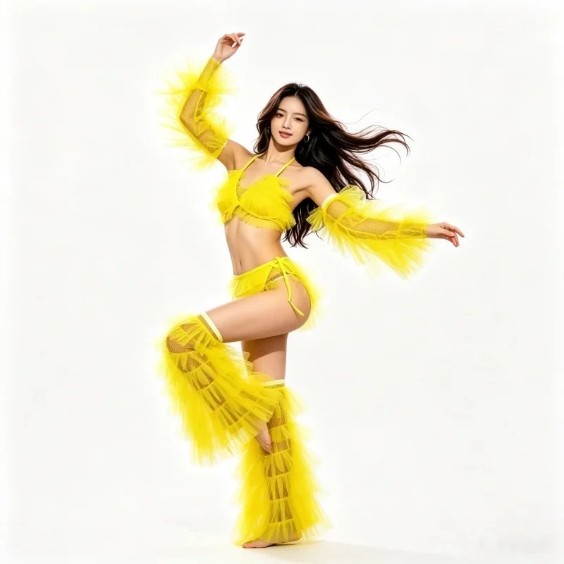 

Women's Sexy Bubble Sleeve Dance Costume Bow Tie Bikini Set DJ Singer Club Party Show Bra for Bar Nightclub Performance