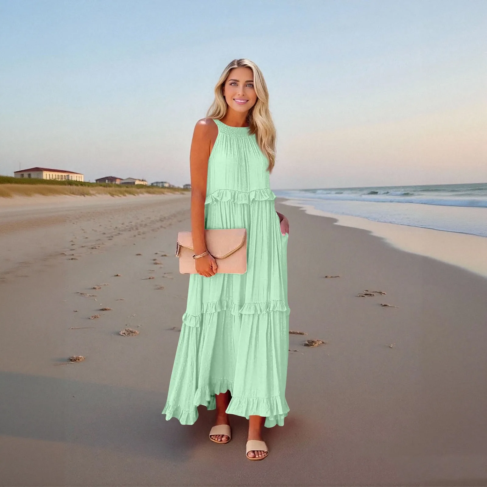 Frauen Rüschensaum geschichtete lange Kleider Sommer ärmelloses rückenfreies Kleid Mode langes Kleid Big Swing Strandkleid Vestidos