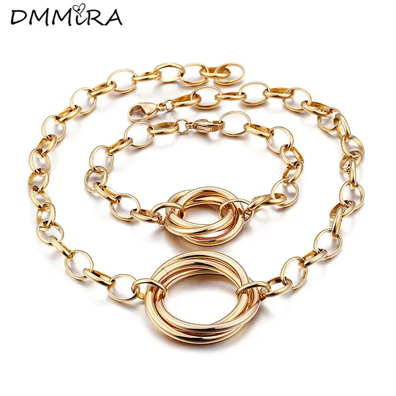 New Fashion Women Color Gold Stainless Steel Round Three Cricle Hook-ups Bracelets Necklace Jewelry Sets Valentine's Day