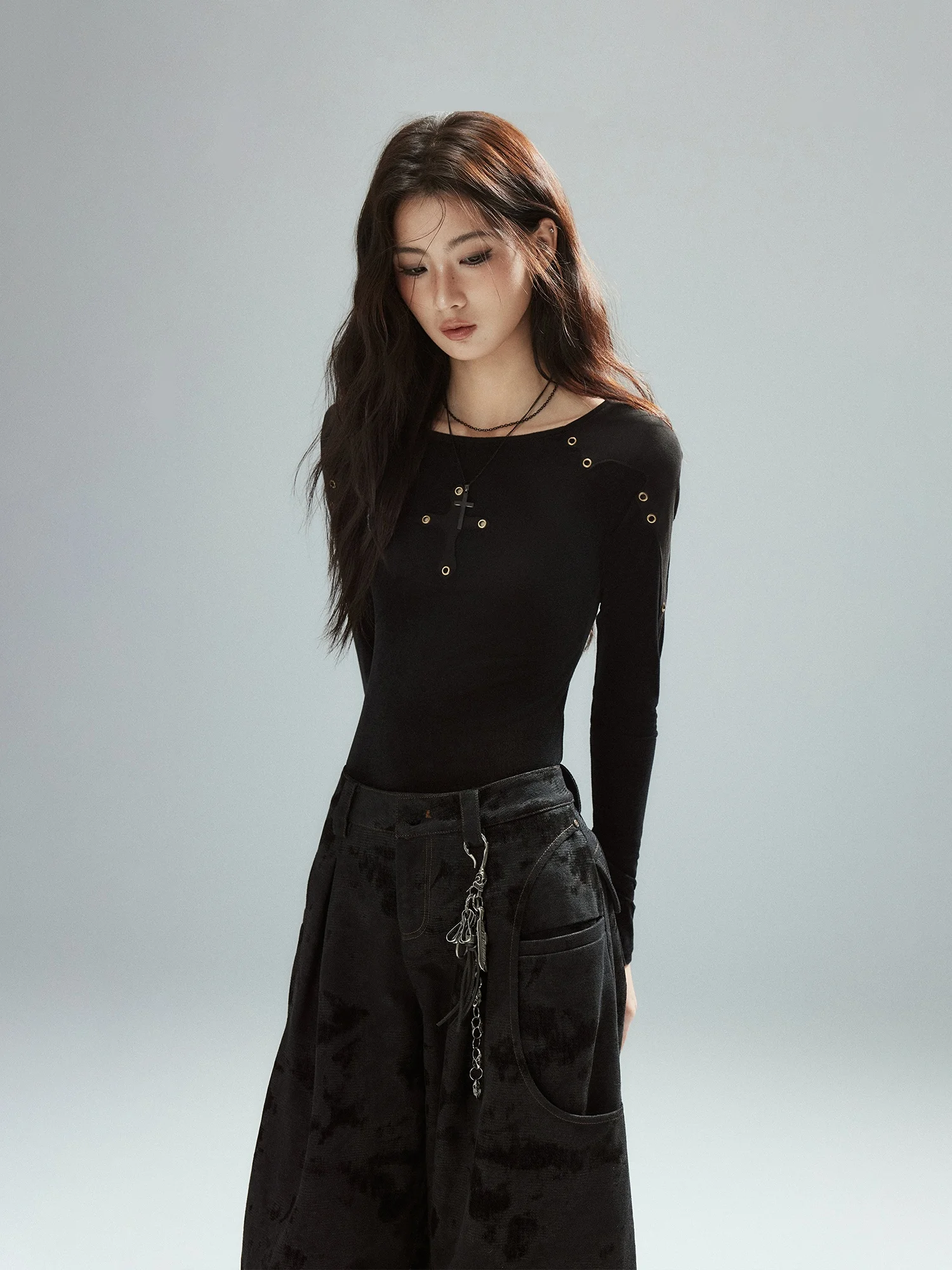 Low Pixel Irregular Splicing Long Sleeve T-Shirt Black Suede Boat Neck Slim Fit Top Casual Style Polyester Spandex Blend
