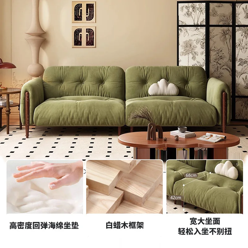 LMM American retro simple solid wood fabric medieval flannel straight row sofa olive green