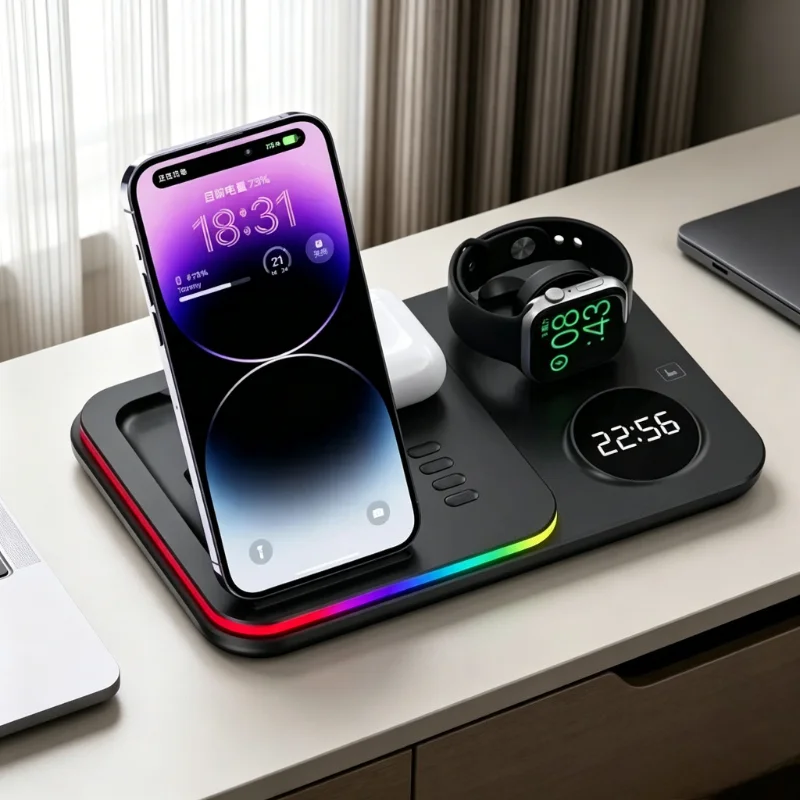 4 IN 1 Fast Wireless Charger Phone Station with Clock Night Light for iPhone iWatch Airpods or for Samsung Galaxy Watch Buds