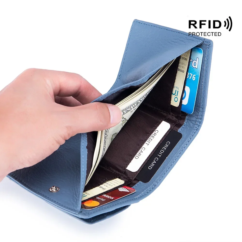 

Genuine Leather Women Wallet RFID Protected Purse High Quality Card Holder Wallet Cute Female Three Fold Wallets Coin Purses