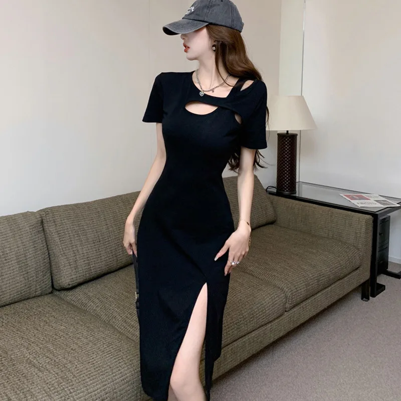 Summer Short-sleeved Black Slim Dress Women Hollow Open Fork Waist Retraction Sexy Medium-length Dress Irthday Party Club Dress