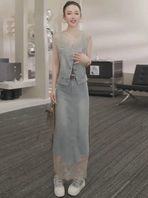 

Fashionable Lace Sleeveless Denim Vest And Skirt Two-Piece Set for Women Summer 2026 Hong Kong Style Quality Ensemble