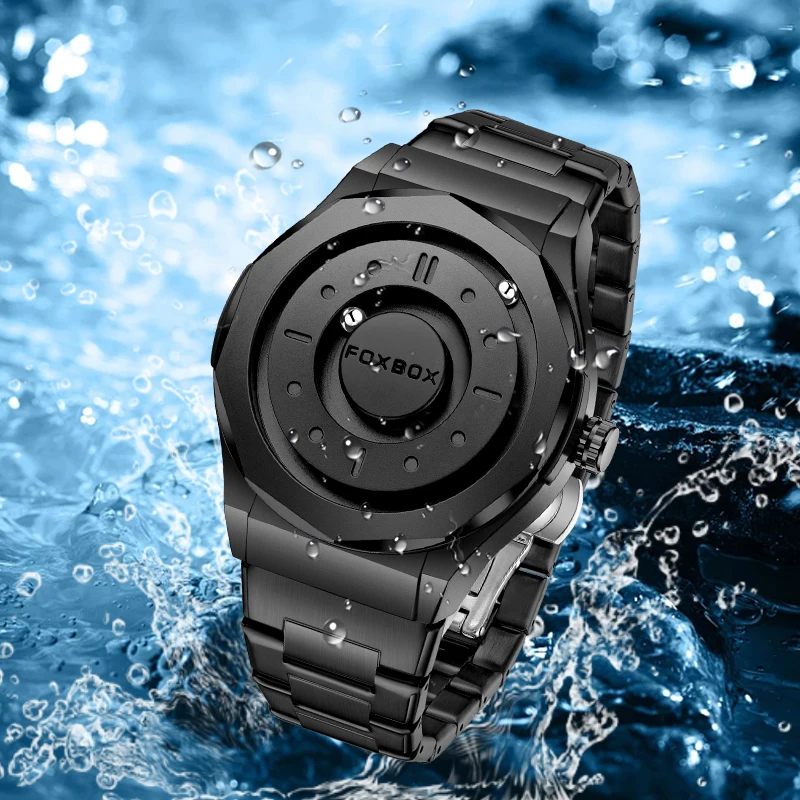 FOXBOX Men Creative Quartz Watch Retro Outdoor Sports Casual Stainless Steel Band Waterproof Scrolling Beads Wristwatch for Man