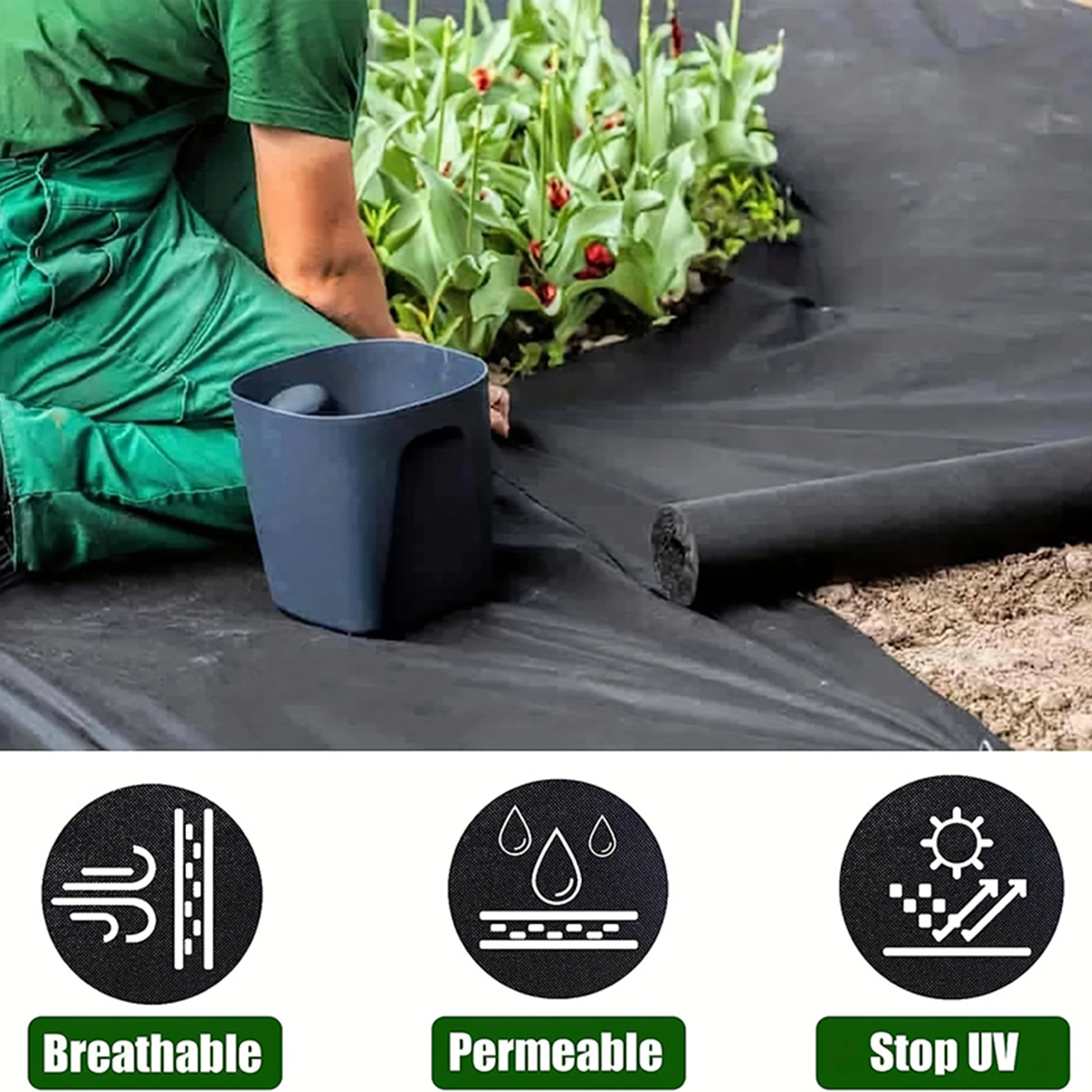 Black Weed Barrier Cloth, 0.8m Wide, with 10 Ground Nails - Used for Outdoor Weed Control in Flower Beds, Paving, and Gardens